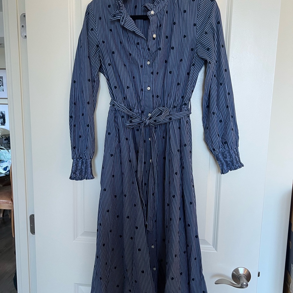 Assembly Label Blue Midi Dress with Notched Collar and Bishop Sleeves